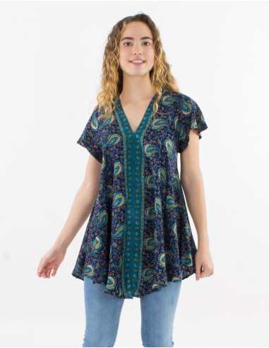 Printed sari polyester blouse with short sleeves