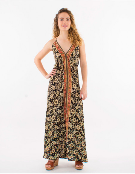Gold sari print polyester maxi dress