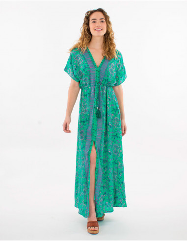 Robe longue polyester imprimé sari doré