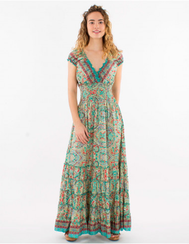 Robe longue polyester haut smocké imprimé sari