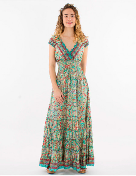 Robe longue polyester haut smocké imprimé sari