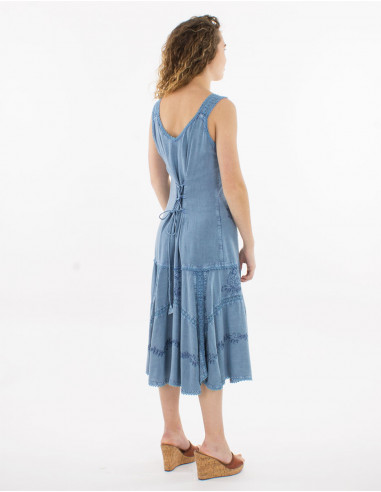 Embroidered viscose dress with large straps