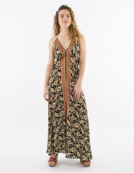 Gold sari print polyester maxi dress