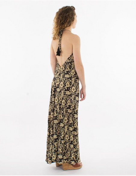 Gold sari print polyester maxi dress