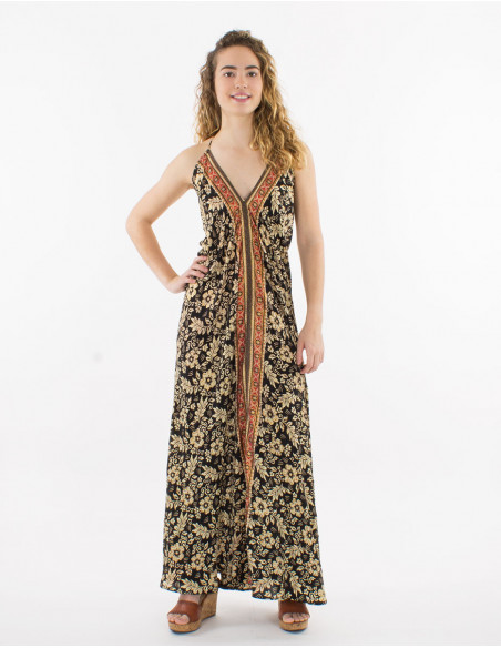 Gold sari print polyester maxi dress
