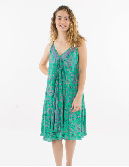 Robe courte polyester bretelles imprimé sari doré