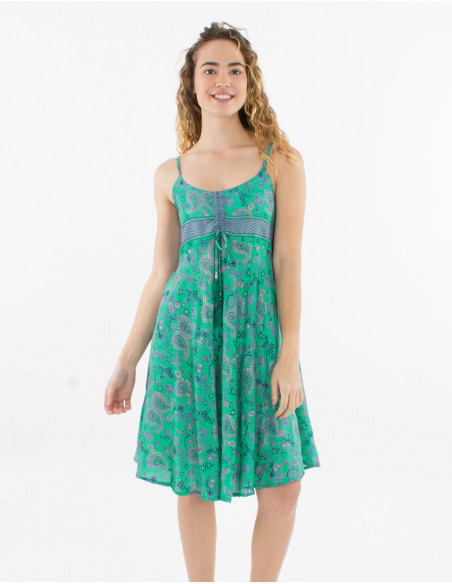 Robe courte polyester bretelles imprimé sari doré