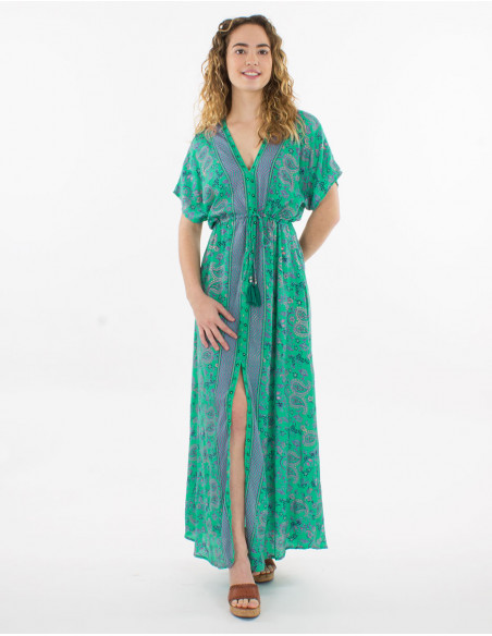 Robe longue polyester imprimé sari doré