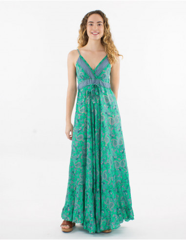 Robe longue polyester bretelles imprimé sari doré