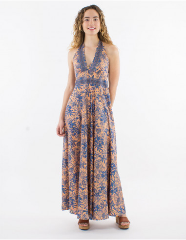 Sari print polyester halter maxi dress