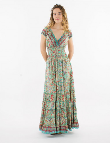 Robe longue polyester haut smocké imprimé sari