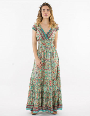 Robe longue polyester haut smocké imprimé sari