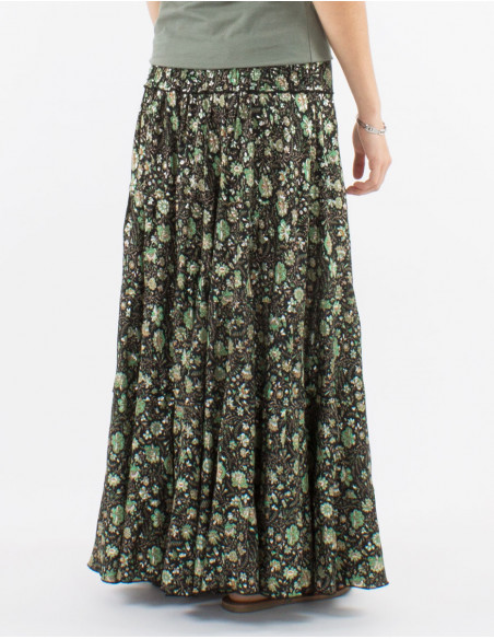 Jupe longue polyester à volants sari imprimé argenté