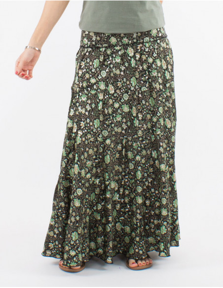 Jupe longue polyester à volants sari imprimé argenté