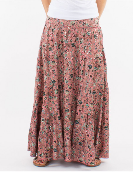 Jupe longue polyester à volants sari imprimé argenté