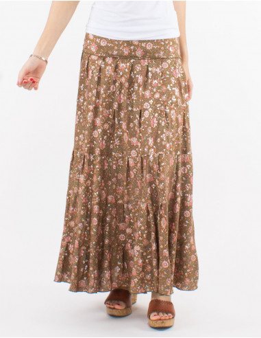 Long polyester ruffle sari skirt with silver print