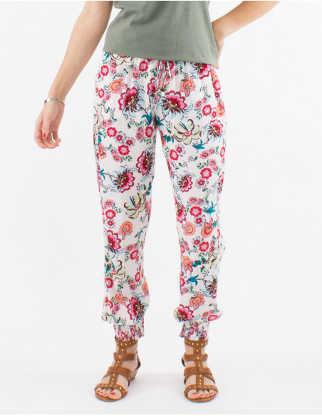 Pantalon viscose bas smocké ceinture élastique imprimé bohémian