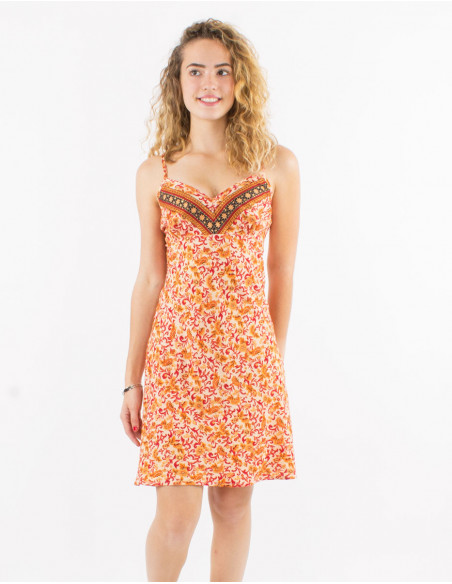 Short polyester sari dress with straps and golden print