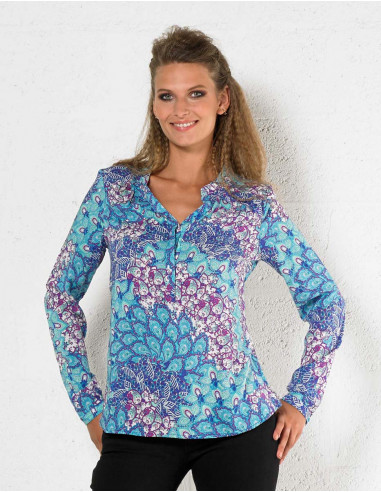 Rayon blouse with peacock print and long sleeves