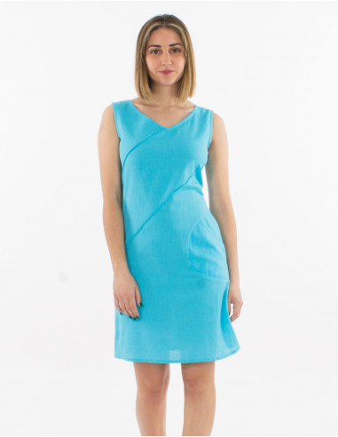 Dress 91% cotton 9% linen plain sleeveless dress with v-neck