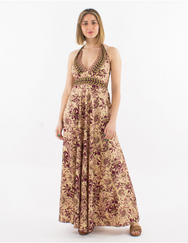 Sari print polyester halter maxi dress