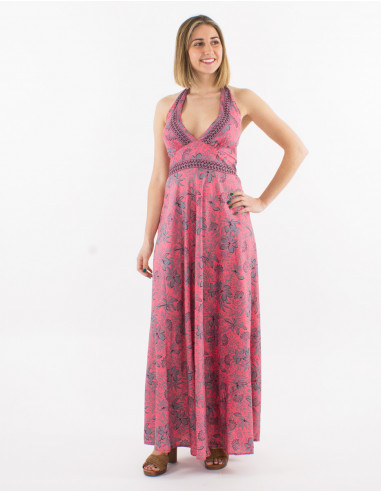Sari print polyester halter maxi dress