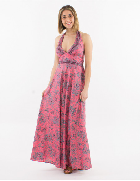 Sari print polyester halter maxi dress