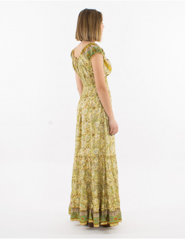 Robe longue polyester haut smocké imprimé sari