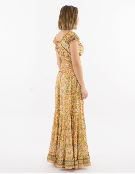Robe longue polyester haut smocké imprimé sari