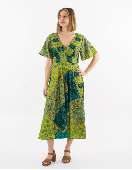 Short-sleeved polyester sari print maxi dress
