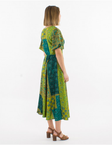 Short-sleeved polyester sari print maxi dress