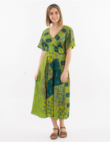 Short-sleeved polyester sari print maxi dress