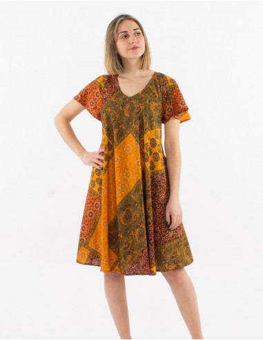 Short-sleeved sari print polyester dress