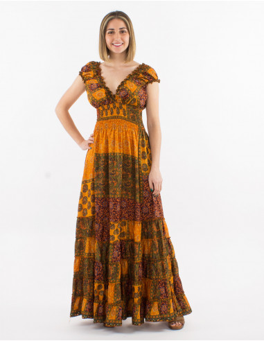 Long polyester dress with smocked sari print top