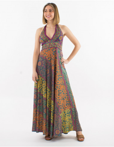 Robe longue polyester dos nu imprimé sari doré