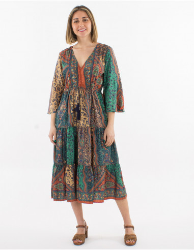 3/4-sleeve gold sari print polyester dress