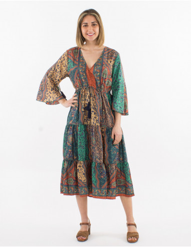 3/4-sleeve gold sari print polyester dress