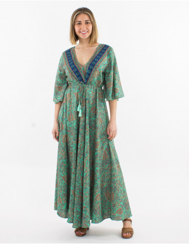 Robe longue polyester manches courtes imprimé sari