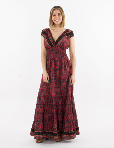 Robe longue polyester haut smocké imprimé sari