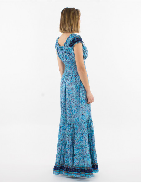 Long polyester dress with smocked sari print top