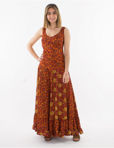Long polyester printed sari dress with straps