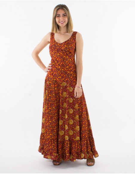 Long polyester printed sari dress with straps