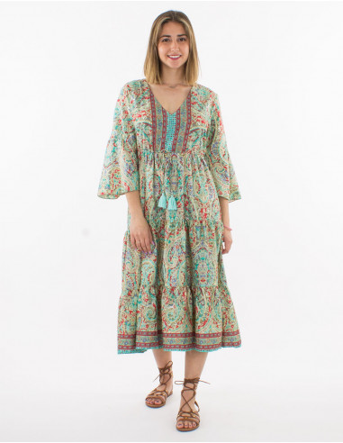 3/4-sleeve sari print polyester dress