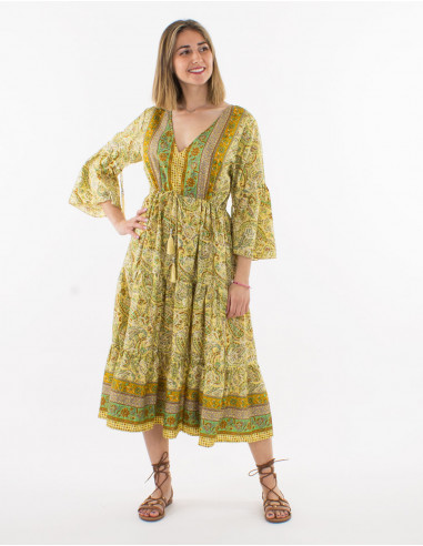 3/4-sleeve sari print polyester dress