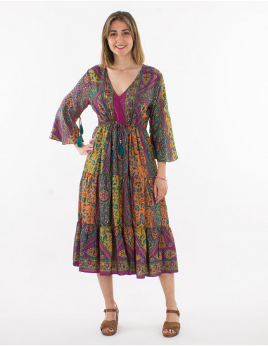 3/4-sleeve gold sari print polyester dress