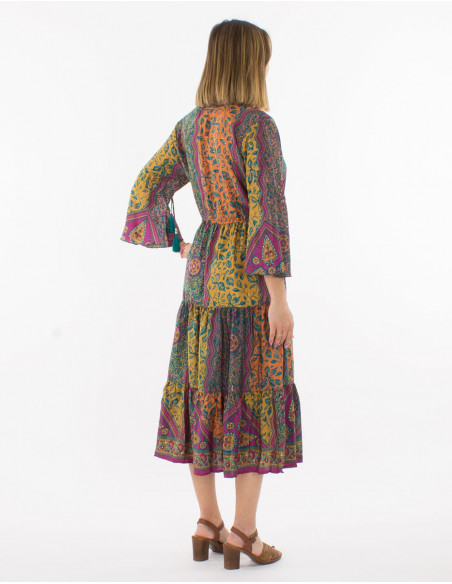 3/4-sleeve gold sari print polyester dress