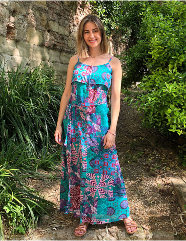 Long viscose dress with straps and ethno print