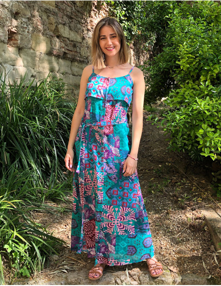 Long viscose dress with straps and ethno print