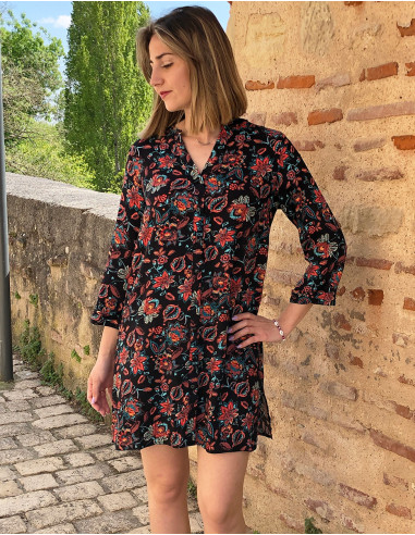 Viscose buttoned dress with roll-up sleeves and paradise print