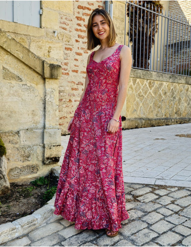 Long polyester sari dress with large straps and golden print